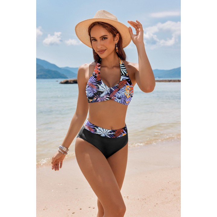 2026 Summer Halter Bikini Set Women Twist Front High Waisted Tummy Control Padded Swi