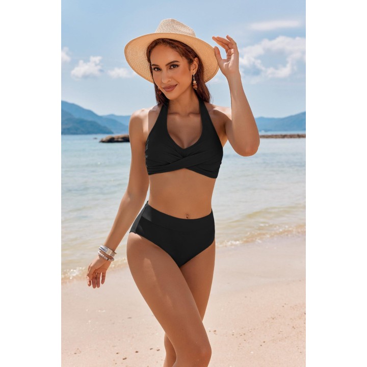 2026 Summer Halter Bikini Set Women Twist Front High Waisted Tummy Control Padded Swi