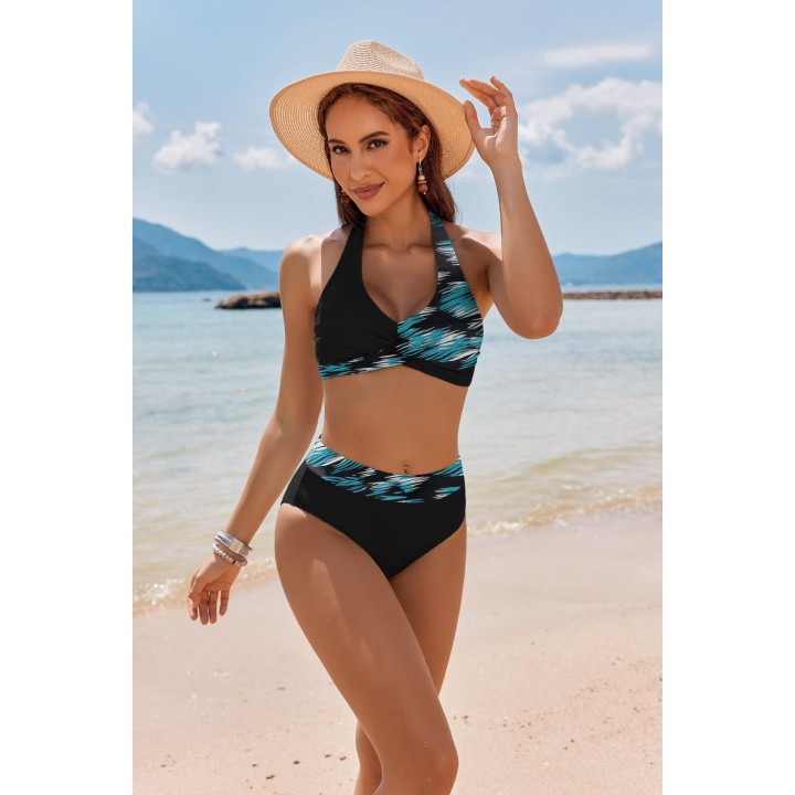 2026 Summer Halter Bikini Set Women Twist Front High Waisted Tummy Control Padded Swi