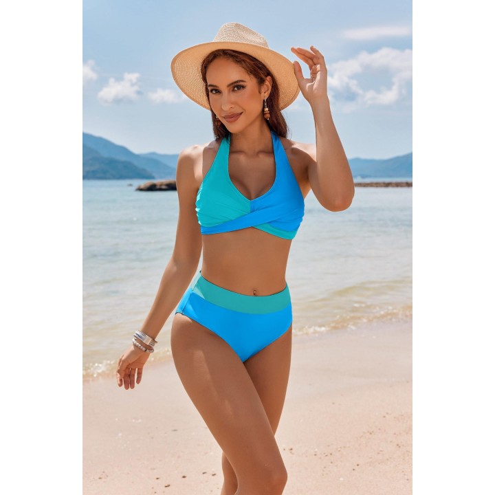 2026 Summer Halter Bikini Set Women Twist Front High Waisted Tummy Control Padded Swi