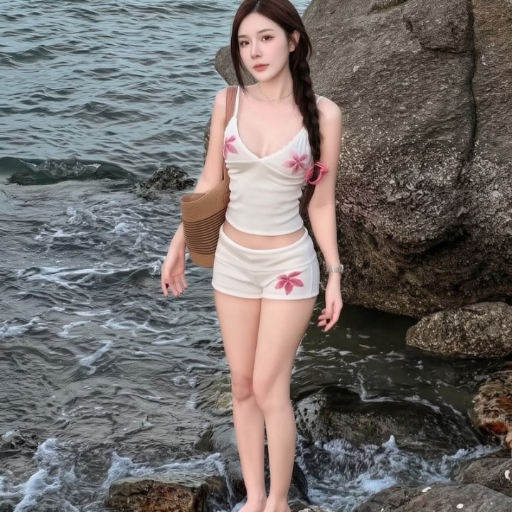 Thailand Niche Women Floral Low Cut Strap Bikini Low Waist Cuffed Shorts  Beach Vacat