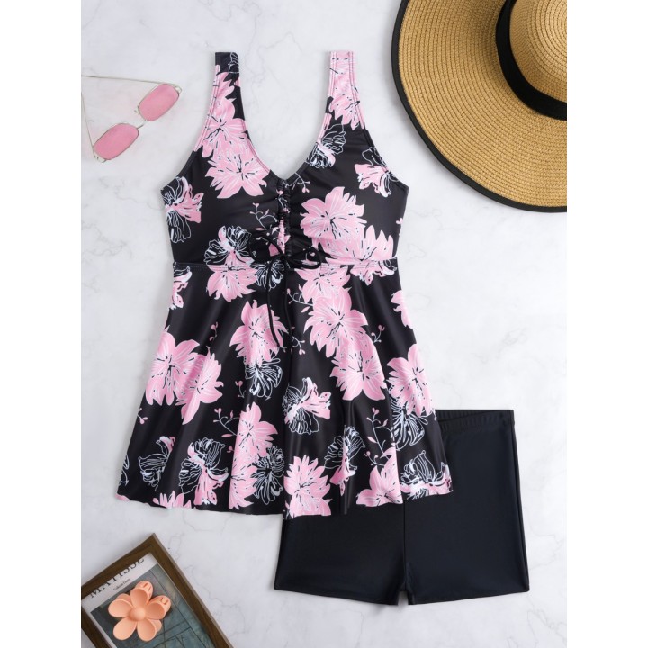 2026 Strappy Printed Two Pieces Swimsuit Women Tankini Set Shorts Swimwear Female Bat