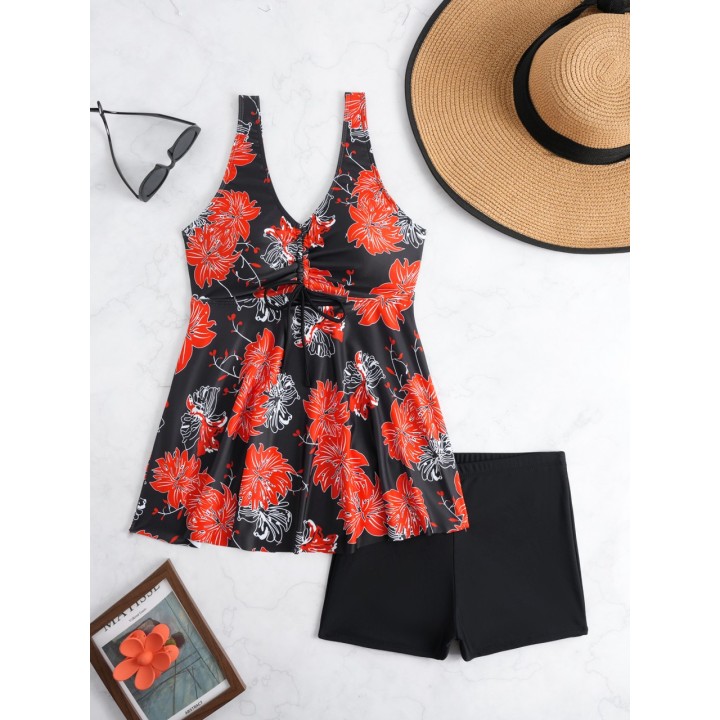 2026 Strappy Printed Two Pieces Swimsuit Women Tankini Set Shorts Swimwear Female Bat