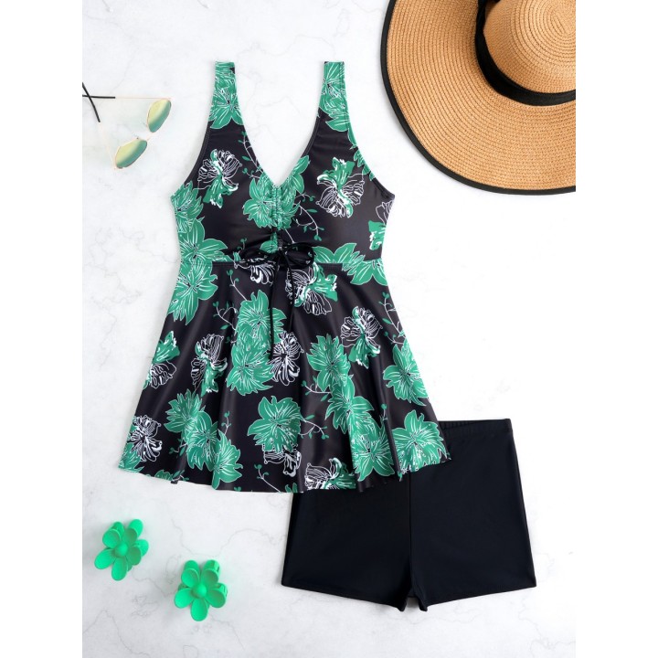 2026 Strappy Printed Two Pieces Swimsuit Women Tankini Set Shorts Swimwear Female Bat