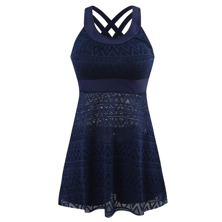 2025 New  Lace Mesh Tankini Swimsuits Mid Waist Swimwear Women Swimsuit Female Cross 